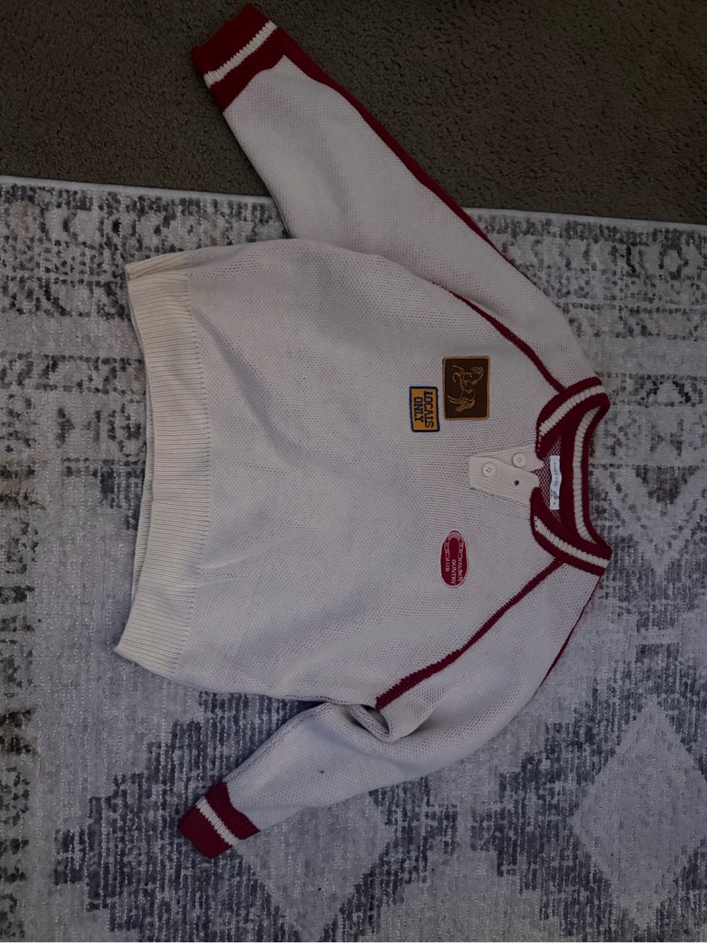 Altar'd State Cream Crewneck Sweater with Red Trim and Patch Details